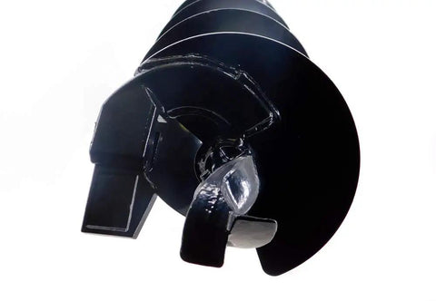 Close-up view of the 8 Inch Post Hole Auger Bit With Power Head Attachment For Gas Post Hole Digger, steel blades, USA made