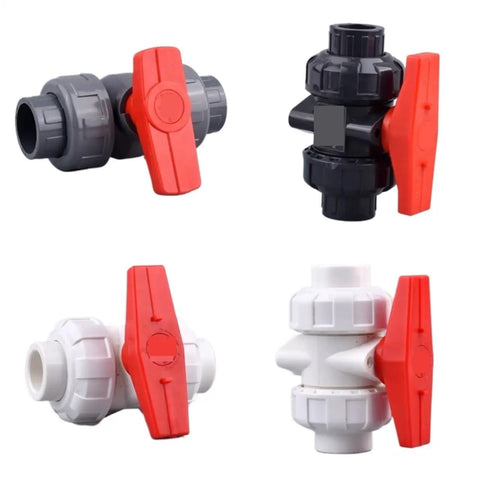 15 Piece Hose Connector Set With Double Union Ball Valve In Red And White For Garden Irrigation Systems, Water Pipe Fittings, Durable Quick Connect 63mm Inner Diameter. PVC valves shown