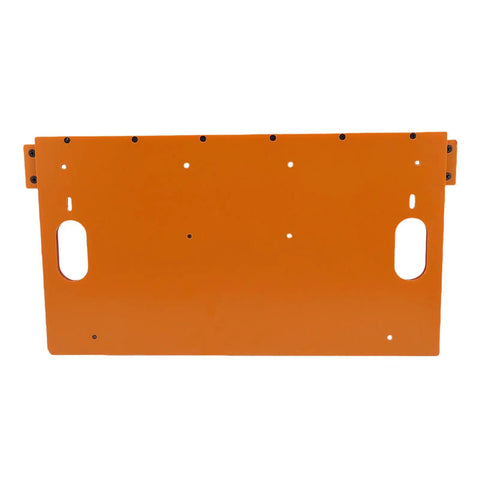Straight Shooter Door And Window Casing Cutting Guide For Crisp Miter Corners viewed from back with holes and orange finish for stability.