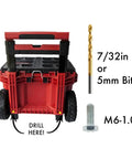 Packout Handle Release Pins Kit For Tool Boxes And Rolling Tool Chests Stainless Steel Handle Removal Pins Quick Release System Upgrade Heavy Duty Black Packout Hardware No Fuss Easy Toolbox Access image showing red toolbox back, drill bit, and bolt