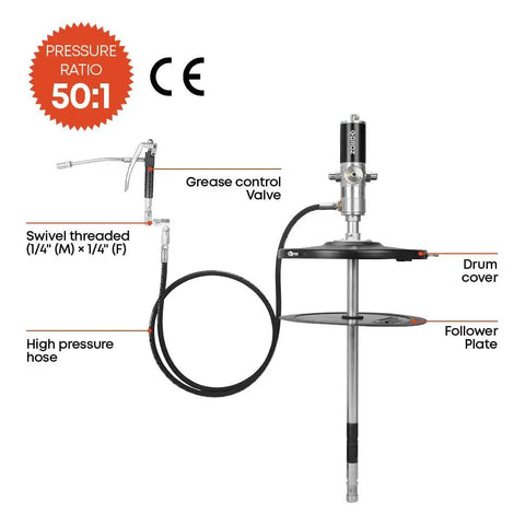 50 To 1 Air Operated Grease Pump Kit For 16 Gal Pails With 7500 PSI High Pressure Heavy Duty Complete Set With 7 Ft Hose