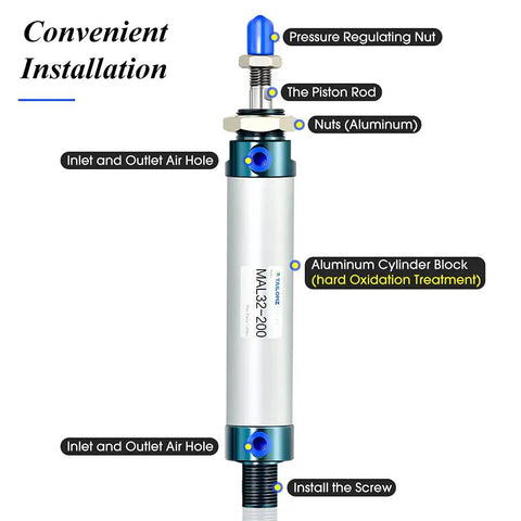 Annotated diagram of Heavy Duty Pneumatic Cylinder 32mm Bore 200mm Stroke Double Acting With Y Connector And Two 8mm Fittings Aluminum Body.