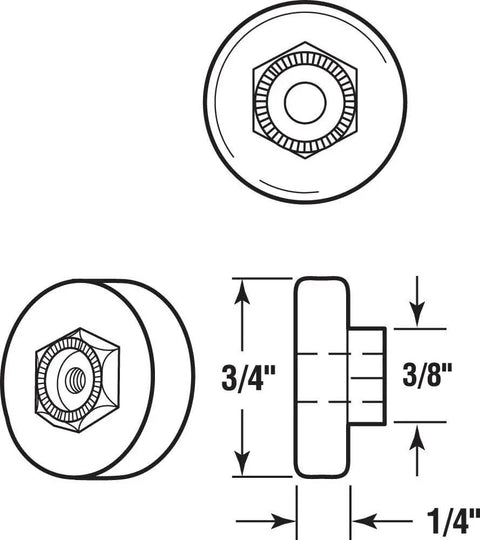 Top Shelf Bathroom Hardware Straight Up Replacement For Sliding Shower Doors Smooth Glide Action Zero Friction Heavy Duty Nylon Rollers, 3/4 inch size, 3/8 inch hex stem design.