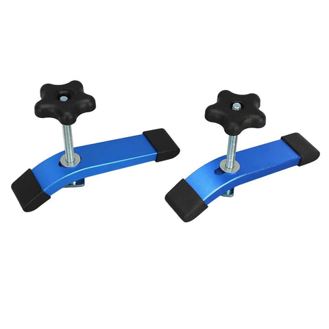 Secure Your Woodworking Projects Like A Pro With This Heavy Duty T Slot Clamp Set For CNC Machines Featuring Strong 6063 Aluminum Build And Effortless Clamping Action For Stable Workbench Success, showcasing blue aluminum clamps with black knobs.