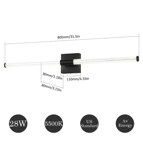 Lit Matte Black Vanity Light Fixture For Bathrooms, 31.6 Inch Modern Wall Sconce With Integrated LED, dimensions shown