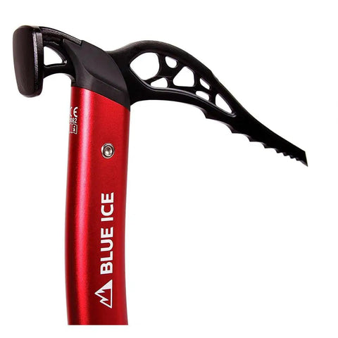Close-up of Akila Ice Axe Hammer for alpine climbing and ski mountaineering, featuring a durable red shaft and chromoly head.