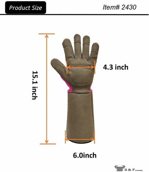 Rose Pruning Gardening Gloves For Women With Long Sleeve Cuff, size details shown, thorn resistant, padded palm
