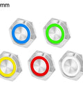 3 Pack 19mm Momentary Push Button Switch With LED Light Waterproof Metal Panel Mount Button For 12V And 24V Cars Boats Marine And Industrial Control Panels Pre Wired Short Travel Yellow, 19mm metal buttons in blue, green, yellow, red, and white