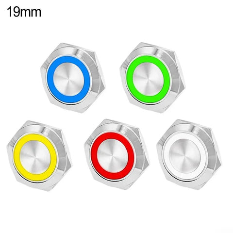 3 Pack 19mm Momentary Push Button Switch With LED Light Waterproof Metal Panel Mount Button For 12V And 24V Cars Boats Marine And Industrial Control Panels Pre Wired Short Travel Yellow, 19mm metal buttons in blue, green, yellow, red, and white