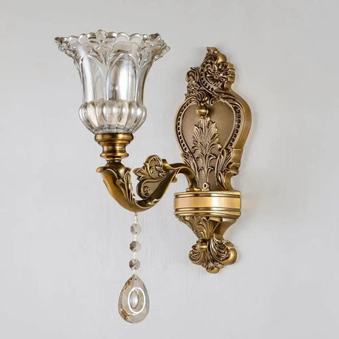 Matte Brass Vintage Wall Mount Lamp With Beveled Crystal Shade, Antique Floral Sconce Light With Retro Vibes, 1 Light