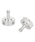 Stainless Steel 1/4 20 Captive Thumbscrews 2 Pack For Camera Cage Rigging showing two metal thumbscrews with grooves.