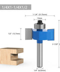 Four Piece Rabbet Router Bit Set Featuring One Quarter Inch Shanks And Six Swappable Guide Bearings Constructed From Heavy Duty Carbide Steel, displayed with dimensions next to wood block.