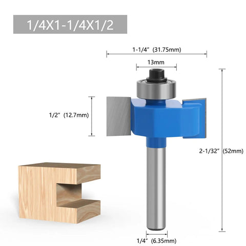 Four Piece Rabbet Router Bit Set Featuring One Quarter Inch Shanks And Six Swappable Guide Bearings Constructed From Heavy Duty Carbide Steel, displayed with dimensions next to wood block.
