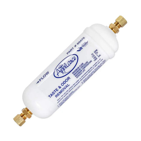 Six Inch Inline Water Filter For Refrigerator Ice Maker With Brass Quarter Mip And Seven Sixteenths Compression Adapters, white filter with brass connectors.