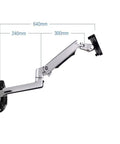 Top Shelf Wall Mount Full Motion Monitor Arm Featuring Heavy Duty Aluminum Housing Super Smooth Spring Swivel For Easy Angle Tweaks Quick Height Boosts And Tidy Cable Runs In Matte Black, shown with dimensions.