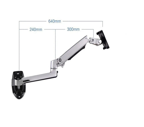 Top Shelf Wall Mount Full Motion Monitor Arm Featuring Heavy Duty Aluminum Housing Super Smooth Spring Swivel For Easy Angle Tweaks Quick Height Boosts And Tidy Cable Runs In Matte Black, shown with dimensions.