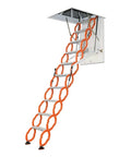 Electric Remote Control Attic Ladder With Hassle Free Pull Down Operation Slick Retractable Loft Staircase For Low Ceilings, showing aluminum steps and orange grips.
