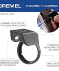 Close-up of Dremel Pivot LED Light attachment on a rotary tool; black housing, 360° rotation for visibility.