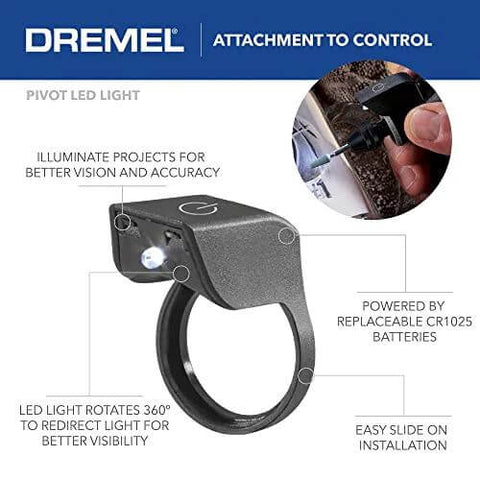 Close-up of Dremel Pivot LED Light attachment on a rotary tool; black housing, 360° rotation for visibility.