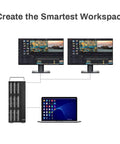 Thunderbolt Three Workhorse Eight Bay Hardware Raid Enclosure connected to laptop and dual monitors for video editing.