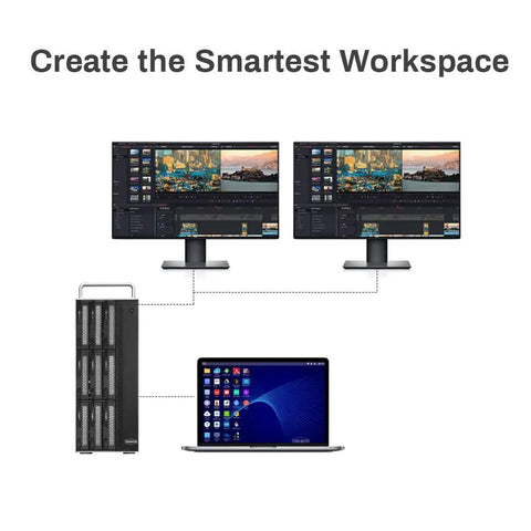 Thunderbolt Three Workhorse Eight Bay Hardware Raid Enclosure connected to laptop and dual monitors for video editing.