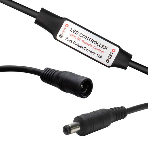 Close-up of DC connector and LED controller for Wireless Remote Dimmer For Single Color LED Strip Lights With 11 Button Controller.