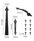 Old School Steel Door Hardware Kit with Carriage House Hinges, Handles, and Screws shown with dimensions for easy installation.