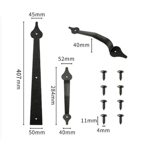 Old School Steel Door Hardware Kit with Carriage House Hinges, Handles, and Screws shown with dimensions for easy installation.