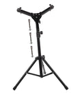 Adjustable Snare Drum Stand With Practice Pad Mount Alloy Build designed in black, showcasing foldable tripod frame for easy setup.