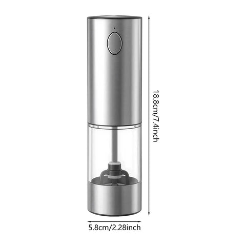 Touch Activated Automatic Electric Spice Grinder With Soft Glow LED Light Salt And Pepper Mill For Kitchen Countertop, stainless steel design, 18.8cm height.