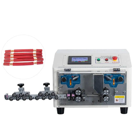 Dead-On Automatic Cable And Wire Cutting Stripping Machine With Slick Touchscreen Interface and multiple settings on display.