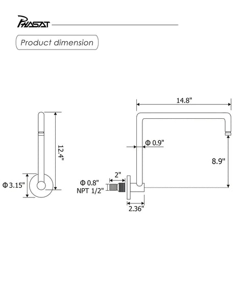 Technical drawing of S Shaped Shower Arm Extension With Flange, High Rise 9 Inch Lift and 15 Inch Reach, all metal 304 stainless steel.