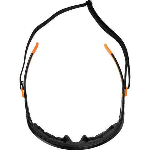 Gasket Safety Glasses For Worksite PPE Eye Protection With Full Frame Design, shown with foam gasket and nylon strap extended.