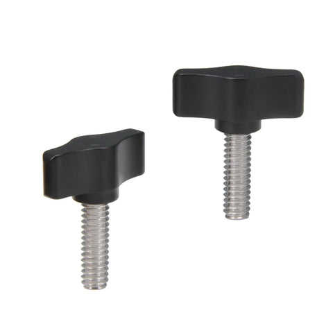 Straight Up Tough Four Pack 1/4x3/4 Inch Thumb Screws with matte black knobs and rust-proof stainless steel threads.