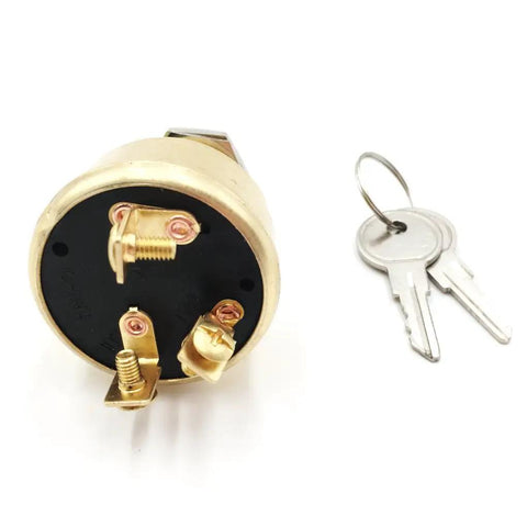 Back view of Heavy Duty Marine Ignition Switch For Boats 12 Volt 15 Amp 3 Position Keyed Ignition With 2 Keys Replacement MP39060 1 50 11621 Beefed Up Brass Body Easy Install On Deck Ready For Sea Use showing brass connectors and included keys