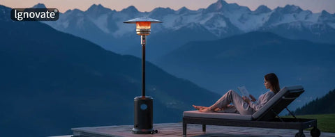50,000 BTU Outdoor Propane Patio Heater With Wheels, Durable Powder Coated Steel, on mountain patio at dusk