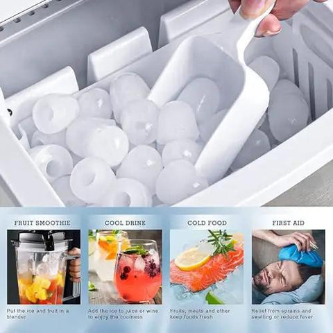 Compact Countertop Ice Maker That Chills Drinks Fast, showing ice cubes in container with scoop for easy serving.