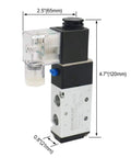 Five Station Solenoid Valve Manifold, 110V AC, 5 Way 2 Position Pneumatic Air Valve close-up view with dimensions