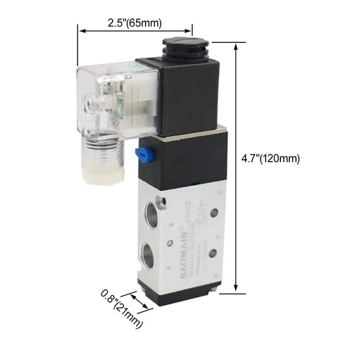 Five Station Solenoid Valve Manifold, 110V AC, 5 Way 2 Position Pneumatic Air Valve close-up view with dimensions