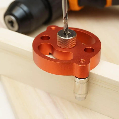 Boss Grade Self Centering Doweling Jig Kit With Knockout Wood Drill Guide and Tight Alignment Hole Locator, lightweight aluminum, close-up view of drill setup.