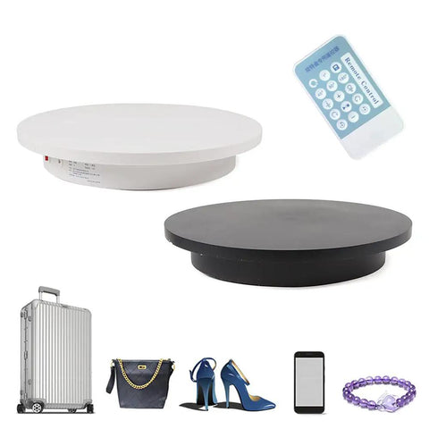 Heavy Duty Motorized Rotating Display Stand With Smooth 360 Degree Turntable For Product Photography And Retail Exhibits Supports Up To 220lbs Loads in white and black colors with remote control.