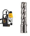 Heavy Duty Magnetic Drill Press With Dual Speed Gears And Rapid Change Chuck System Powered By A Rugged Ten Amp Motor, display with drill bit.