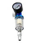 Professional Spray Gun Pressure Regulator Featuring A No Nonsense Oil Water Separator Filter To Keep Damp Moisture Out And Guarantee A Straight Up Slick Finish On Every Detail Job, showing pressure gauge and clear filter.