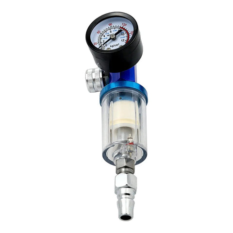 Professional Spray Gun Pressure Regulator Featuring A No Nonsense Oil Water Separator Filter To Keep Damp Moisture Out And Guarantee A Straight Up Slick Finish On Every Detail Job, showing pressure gauge and clear filter.