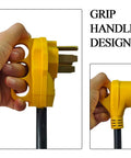 RV Power Adapter Cord 50A Male To Dual 30A Female, 2.5 Foot With Handy Grip Handle, close-up of handle design and 50A plug