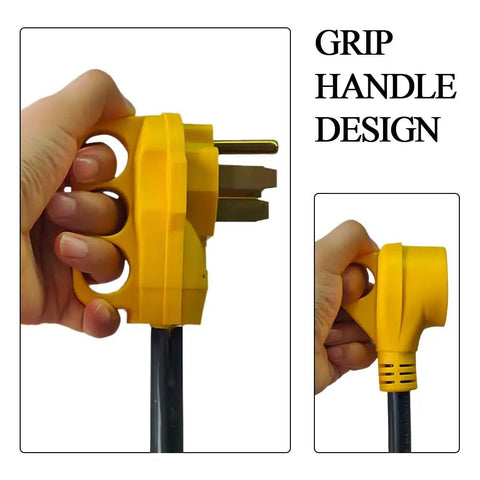 RV Power Adapter Cord 50A Male To Dual 30A Female, 2.5 Foot With Handy Grip Handle, close-up of handle design and 50A plug
