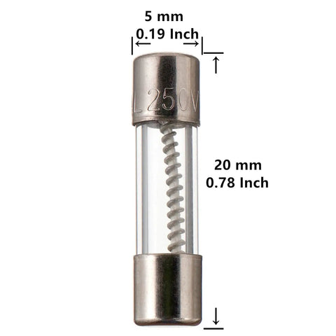 Close-up of a 5x20mm glass fuse from 12 Value Slow Blow Glass Fuses Kit With 60 Pieces In Clear Plastic Storage Box 250V Assortment