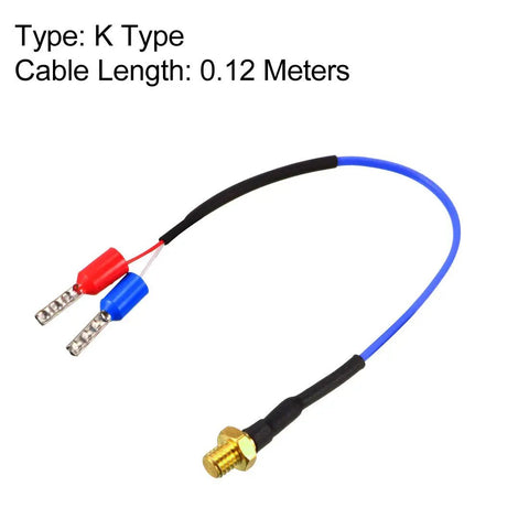 K Type Thermocouple Temperature Sensor Probe With M4 Screw Mount, 0-260C Range, 0.4ft Lead, showing connectors and brass mount
