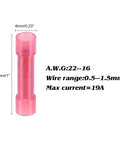Pink PA66 nylon insulated 22-16 AWG butt connector, 25mm long, 6mm opening.