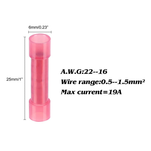 Pink PA66 nylon insulated 22-16 AWG butt connector, 25mm long, 6mm opening.